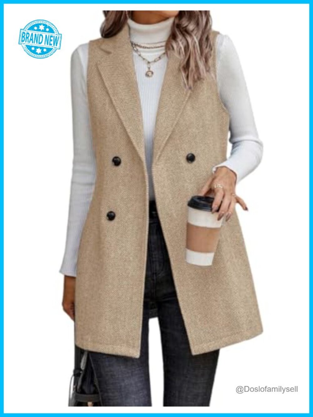 Sleeveless Tweed Blazer Long Vest Herringbone Wool Blend Business Casual